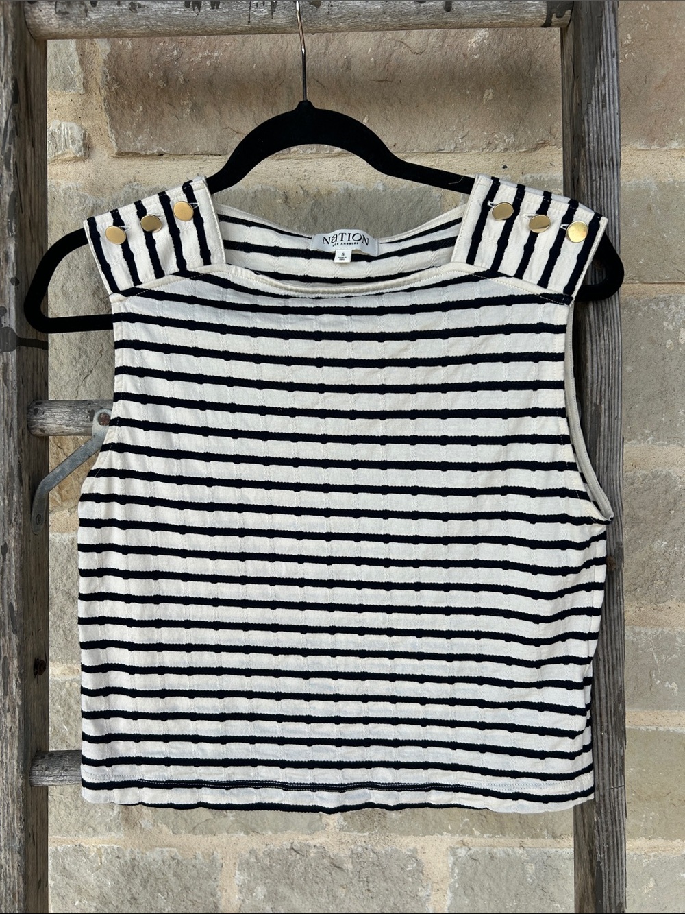 Nation LTD Black & Cream Striped Sleeveless Top with Gold Buttons